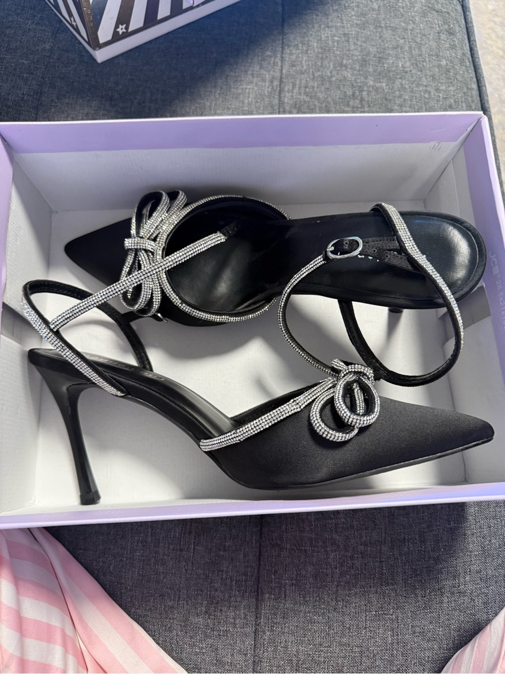 Women's Black Satin Rhinestone Bow Heels